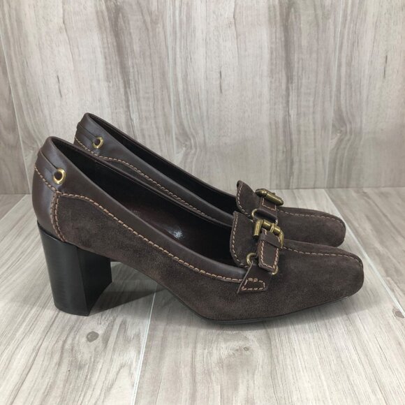 Franco Sarto Heeled Loafers Womens 8.5M Brown Suede Slip On Shoes - Picture 1 of 11